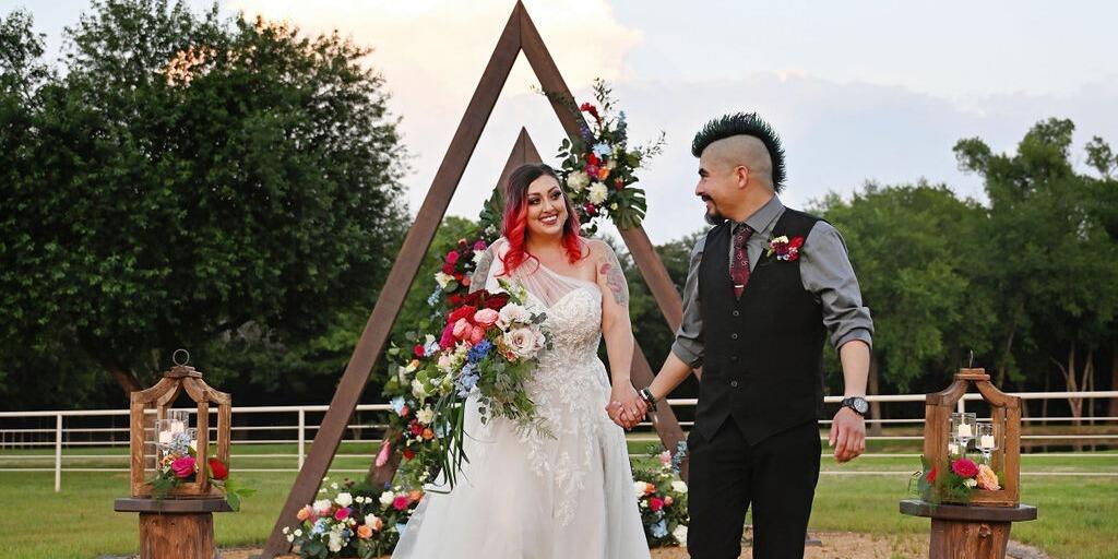 Bride and groom exchange vows outdoor ceremony area